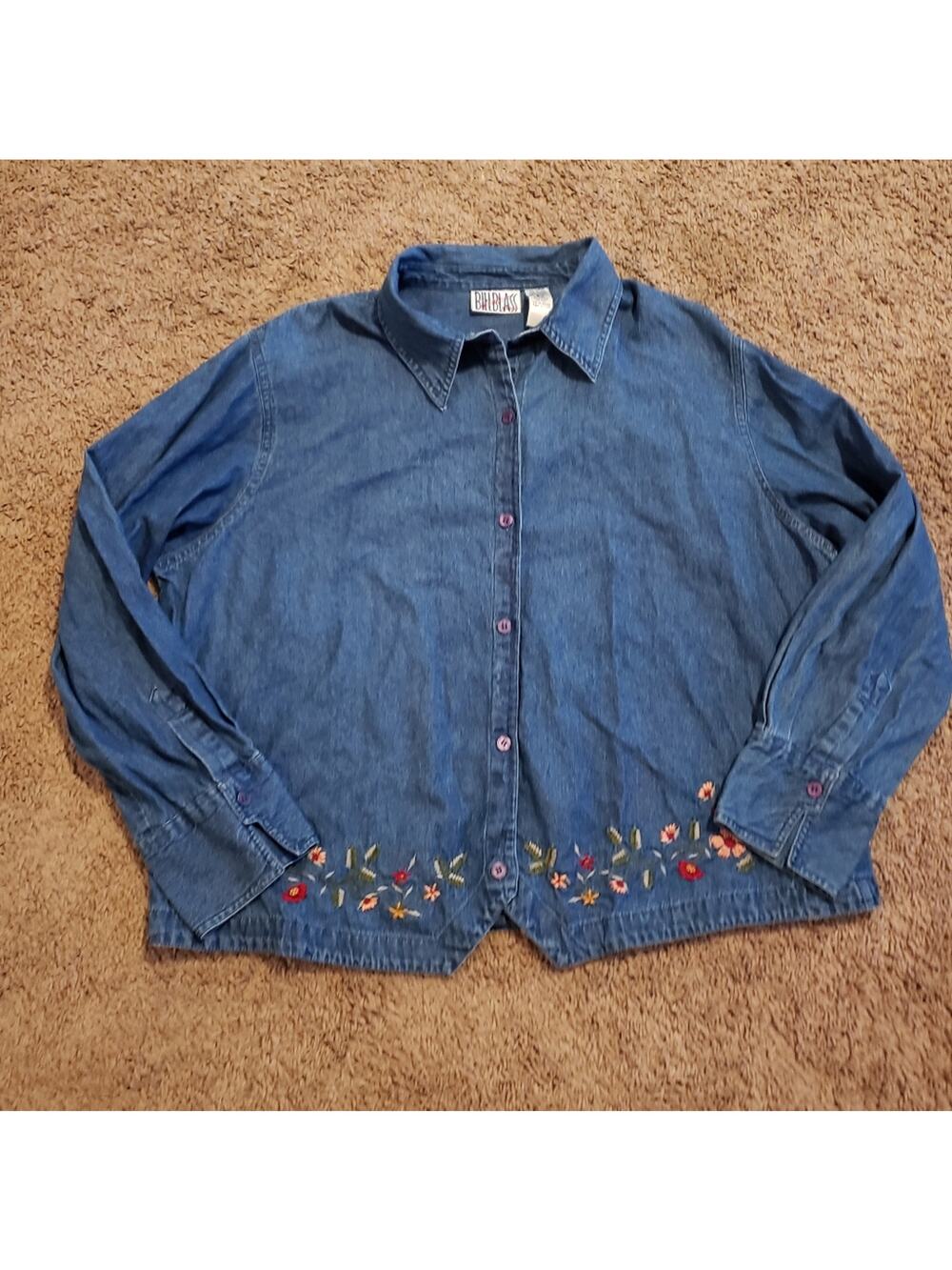 Bill Blass Vintage 100% Cotton Denim Button Up Floral Embroidery Shirt 2x